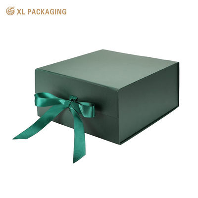 Custom Logo Dark Green Ribbon Closure Folding Gift Box Flat Packaging Box для косметики и подарков