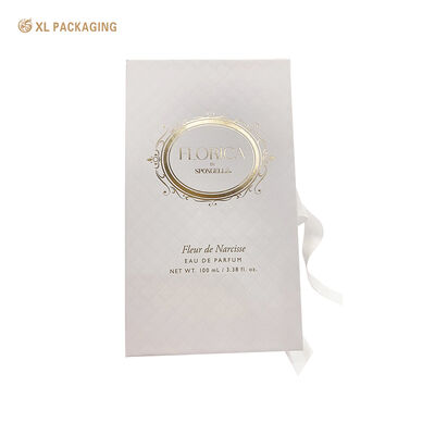 Book Shape Perfume Gift Box with White Ribbon, Embossed & Hot Stamping Gold Luxury Fragrance Packaging Box